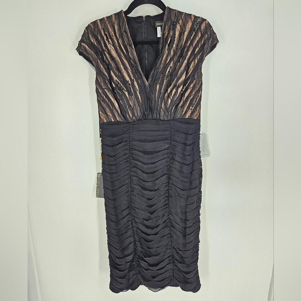 Tadashi Shoji Black Nude Beaded Lace Shirred Midi Dress 10